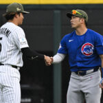 May 16, 2026; Chicago, Illinois, USA; Chicago White Sox first baseman Munetaka Murakami (5) and Chicago Cubs right fielder Seiya Suzuki (27) before the game at Rate Field. Mandatory Credit: Matt Marton-Imagn Images