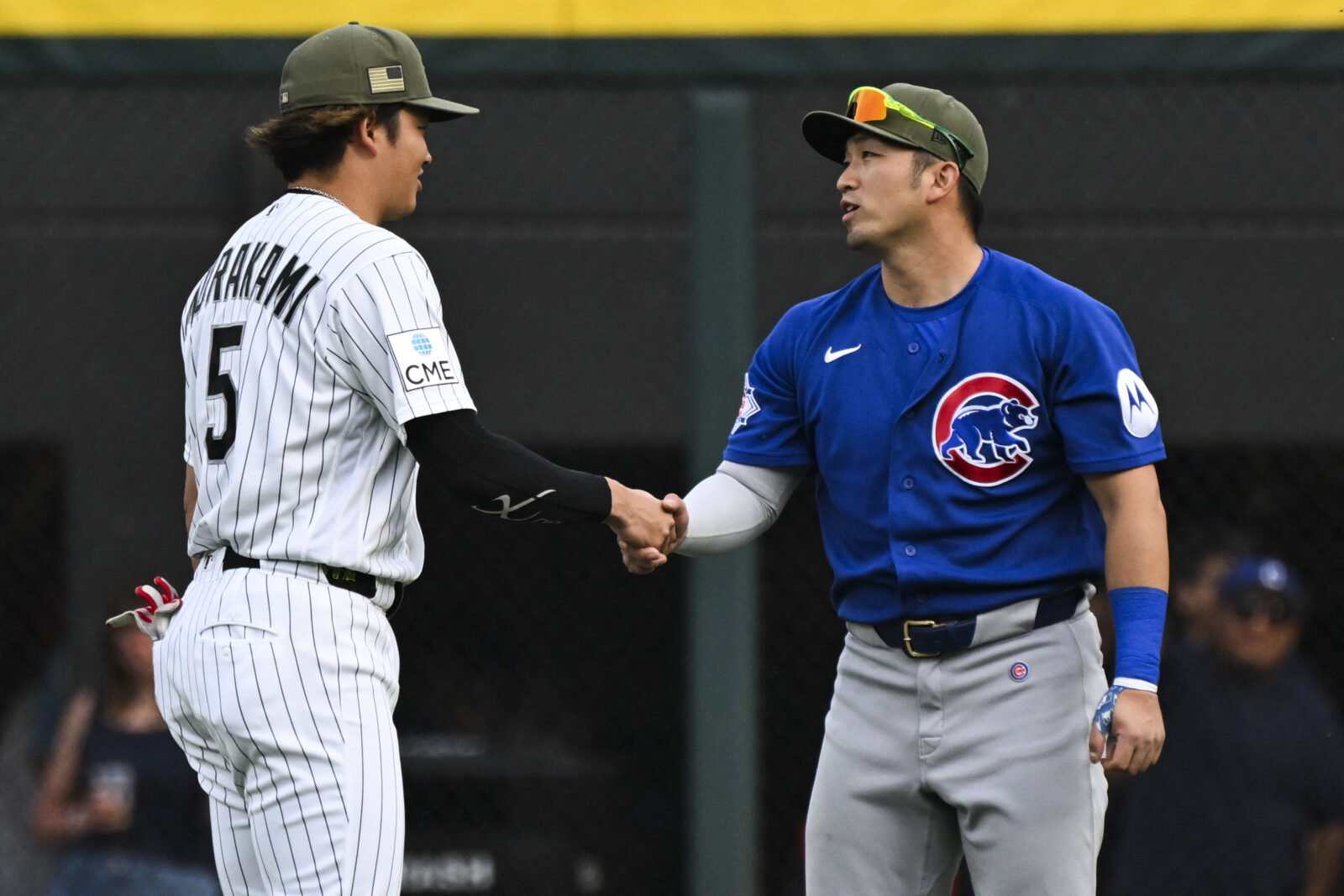 May 16, 2026; Chicago, Illinois, USA; Chicago White Sox first baseman Munetaka Murakami (5) and Chicago Cubs right fielder Seiya Suzuki (27) before the game at Rate Field. Mandatory Credit: Matt Marton-Imagn Images