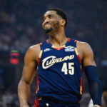 May 23, 2026; Cleveland, Ohio, USA; Cleveland Cavaliers guard Donovan Mitchell (45) reacts in the third quarter against the New York Knicks during game three of the eastern conference finals for the 2026 NBA playoffs at Rocket Arena. Mandatory Credit: David Richard-Imagn Images