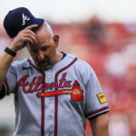 May 29, 2026; Cincinnati, Ohio, USA; Atlanta Braves manager Walt Weiss (22) walks off the field during a pitching change in the fifth inning against the Cincinnati Reds at Great American Ball Park. Mandatory Credit: Katie Stratman-Imagn Images