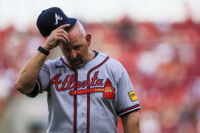 May 29, 2026; Cincinnati, Ohio, USA; Atlanta Braves manager Walt Weiss (22) walks off the field during a pitching change in the fifth inning against the Cincinnati Reds at Great American Ball Park. Mandatory Credit: Katie Stratman-Imagn Images