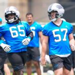 Jun 9, 2026; Charlotte, NC, USA; Carolina Panthers tackle Monroe Freeling (57) and guard Ja´Tyre Carter (65) during the first day of mini camp at Bank of America Stadium practice facility. Mandatory Credit: Jim Dedmon-Imagn Images