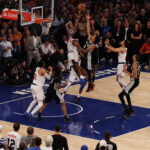 Jun 10, 2026; New York, New York, USA; New York Knicks forward Og Anunoby (8) makes the go-ahead tip-in as San Antonio Spurs guard Dylan Harper (2) defends in the final second of the fourth quarter during game four of the 2026 NBA Finals at Madison Square Garden. Mandatory Credit: Geoff Burke-Imagn Images