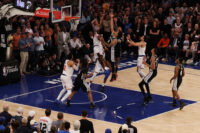Jun 10, 2026; New York, New York, USA; New York Knicks forward Og Anunoby (8) makes the go-ahead tip-in as San Antonio Spurs guard Dylan Harper (2) defends in the final second of the fourth quarter during game four of the 2026 NBA Finals at Madison Square Garden. Mandatory Credit: Geoff Burke-Imagn Images