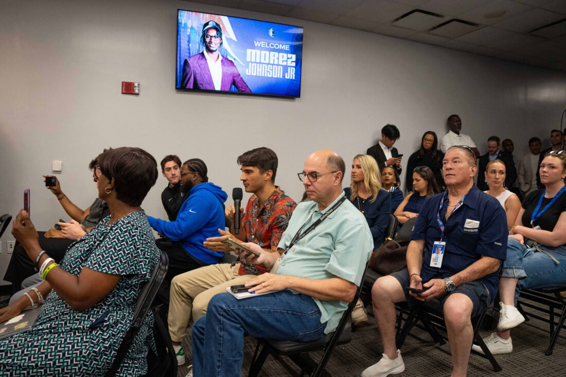 Jun 25, 2026; Dallas, TX, USA; Members of the media ask questions during an introductory press conference for Morez Johnson Jr, the Dallas Mavericks first-round pick in the 2026 NBA draft at American Airlines Center. Mandatory Credit: Raymond Carlin III-Imagn Images