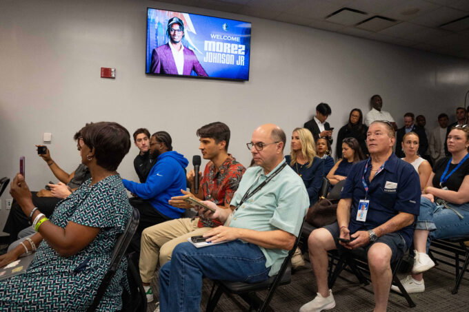 Jun 25, 2026; Dallas, TX, USA; Members of the media ask questions during an introductory press conference for Morez Johnson Jr, the Dallas Mavericks first-round pick in the 2026 NBA draft at American Airlines Center. Mandatory Credit: Raymond Carlin III-Imagn Images