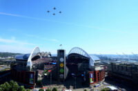 Soccer Football - FIFA World Cup 2026 - Round of 16 - United States v Belgium - Fans gather in Seattle - Seattle, Washington, U.S. - July 6, 2026 General view during a military fly-over outside the stadium as fans gather in Seattle before the match IMAGN IMAGES via Reuters/Kevin Ng TPX IMAGES OF THE DAY