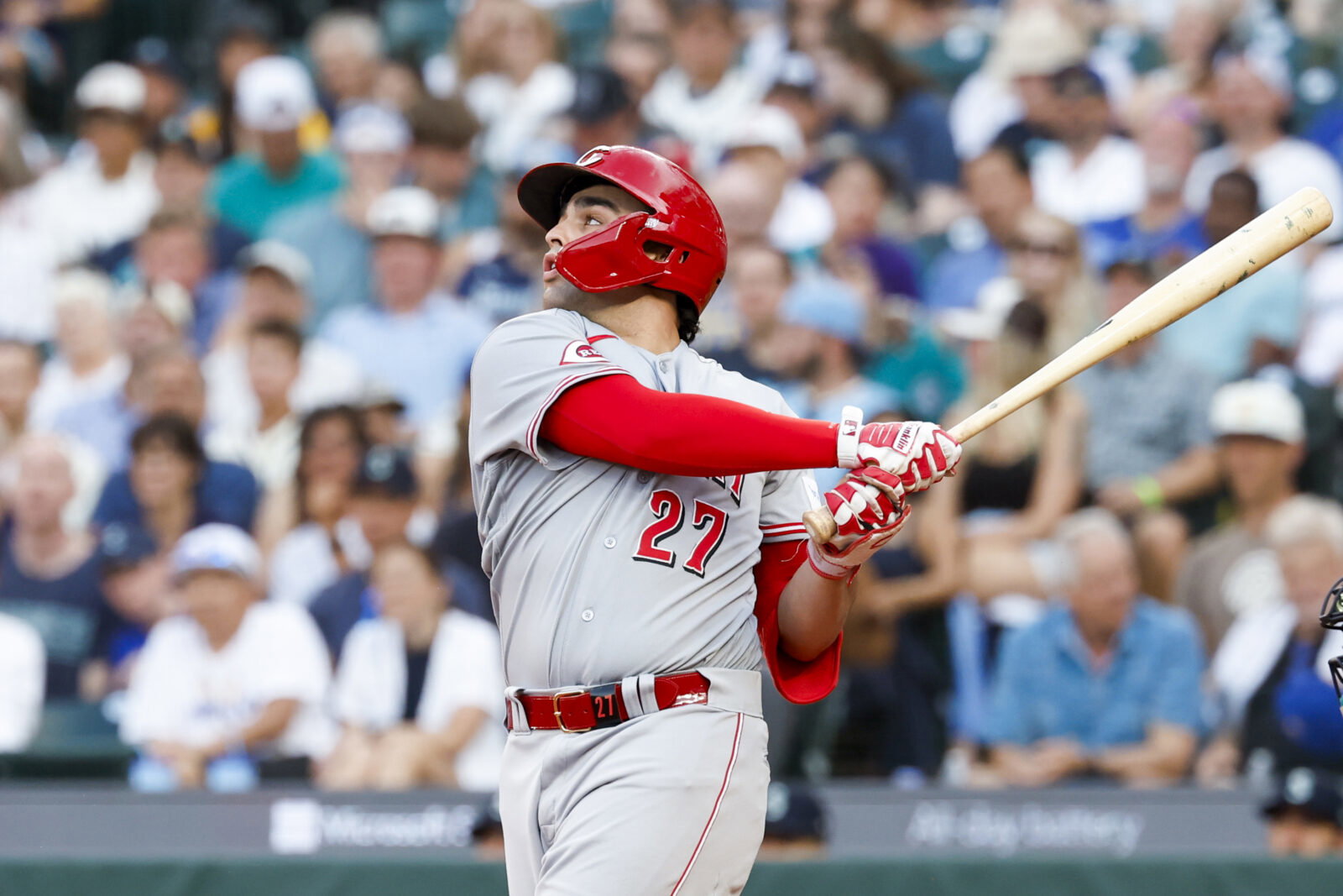 Jul 21, 2026; Seattle, Washington, USA; Cincinnati Reds first baseman Sal Stewart (27) hits an RBI-sacrifice fly against the Seattle Mariners during the fifth inning at T-Mobile Park. Mandatory Credit: Joe Nicholson-Imagn Images