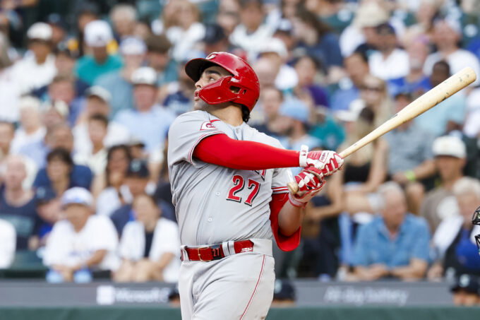 Jul 21, 2026; Seattle, Washington, USA; Cincinnati Reds first baseman Sal Stewart (27) hits an RBI-sacrifice fly against the Seattle Mariners during the fifth inning at T-Mobile Park. Mandatory Credit: Joe Nicholson-Imagn Images