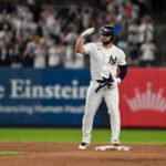 Jul 22, 2026; Bronx, New York, USA; New York Yankees right fielder Jasson Domínguez (24) reacts after hitting an RBI double against the Pittsburgh Pirates during the seventh inning at Yankee Stadium. Mandatory Credit: John Jones-Imagn Images