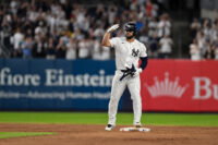 Jul 22, 2026; Bronx, New York, USA; New York Yankees right fielder Jasson Domínguez (24) reacts after hitting an RBI double against the Pittsburgh Pirates during the seventh inning at Yankee Stadium. Mandatory Credit: John Jones-Imagn Images