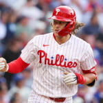 Jul 22, 2026; Philadelphia, Pennsylvania, USA; Philadelphia Phillies third baseman Alec Bohm (28) hits a two RBI home run against the Los Angeles Dodgers during the first inning at Citizens Bank Park. Mandatory Credit: Bill Streicher-Imagn Images