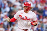 Jul 22, 2026; Philadelphia, Pennsylvania, USA; Philadelphia Phillies third baseman Alec Bohm (28) hits a two RBI home run against the Los Angeles Dodgers during the first inning at Citizens Bank Park. Mandatory Credit: Bill Streicher-Imagn Images