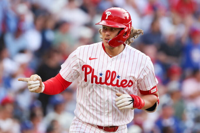 Jul 22, 2026; Philadelphia, Pennsylvania, USA; Philadelphia Phillies third baseman Alec Bohm (28) hits a two RBI home run against the Los Angeles Dodgers during the first inning at Citizens Bank Park. Mandatory Credit: Bill Streicher-Imagn Images