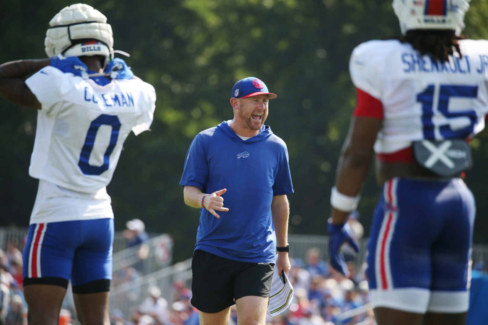 Bills offensive coordinator Joe Brady gives instructions during drills during day six of Buffalo Bills training camp at St. John Fisher University Tuesday, July 29, 2025 in Pittsford, NY. Credit: USA TODAY Network via Reuters Connect