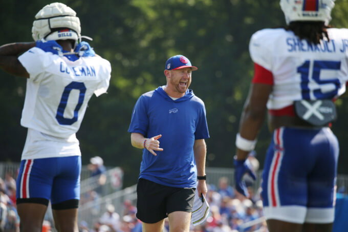 Bills offensive coordinator Joe Brady gives instructions during drills during day six of Buffalo Bills training camp at St. John Fisher University Tuesday, July 29, 2025 in Pittsford, NY. Credit: USA TODAY Network via Reuters Connect