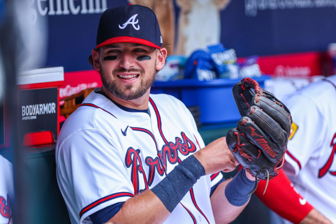 Jul 23, 2026; Cumberland, Georgia, USA; Atlanta Braves third baseman Austin Riley (27) in the dugout before the game against the San Diego Padres at Truist Park. Mandatory Credit: Jordan Godfree-Imagn Images