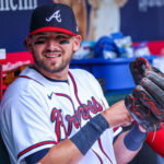 Jul 23, 2026; Cumberland, Georgia, USA; Atlanta Braves third baseman Austin Riley (27) in the dugout before the game against the San Diego Padres at Truist Park. Mandatory Credit: Jordan Godfree-Imagn Images