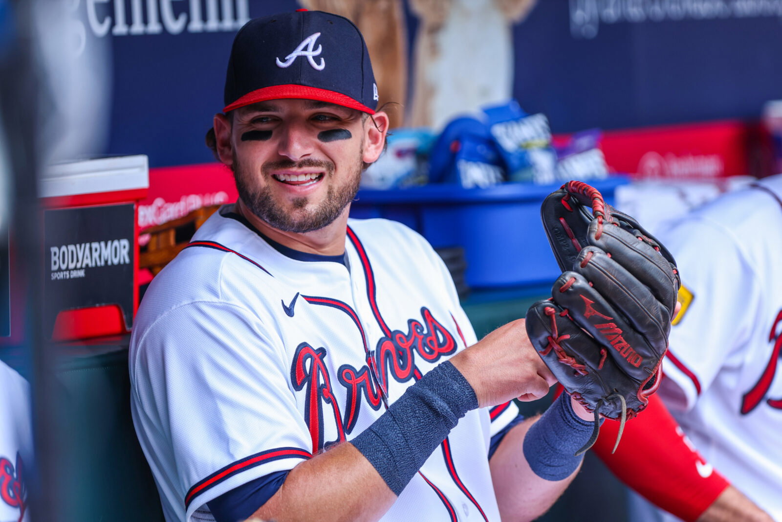 Jul 23, 2026; Cumberland, Georgia, USA; Atlanta Braves third baseman Austin Riley (27) in the dugout before the game against the San Diego Padres at Truist Park. Mandatory Credit: Jordan Godfree-Imagn Images