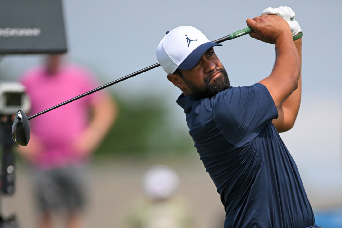 Jul 24, 2026; Blaine, Minnesota, USA; Tony Finau hits a tee shot on hole 9 during the second round of the 3M Open golf tournament at TPC Twin Cities. Mandatory Credit: Nick Wosika-Imagn Images