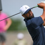 Jul 24, 2026; Blaine, Minnesota, USA; Tony Finau hits a tee shot on hole 9 during the second round of the 3M Open golf tournament at TPC Twin Cities. Mandatory Credit: Nick Wosika-Imagn Images