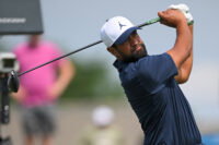 Jul 24, 2026; Blaine, Minnesota, USA; Tony Finau hits a tee shot on hole 9 during the second round of the 3M Open golf tournament at TPC Twin Cities. Mandatory Credit: Nick Wosika-Imagn Images
