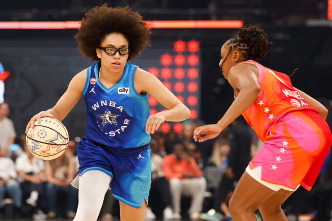Jul 25, 2026; Chicago, Illinois, USA; Team Spoon guard Olivia Miles (5) handles the ball in the second half against Team Coop during the 2026 WNBA All Star Game at United Center. Mandatory Credit: Kamil Krzaczynski-Imagn Images