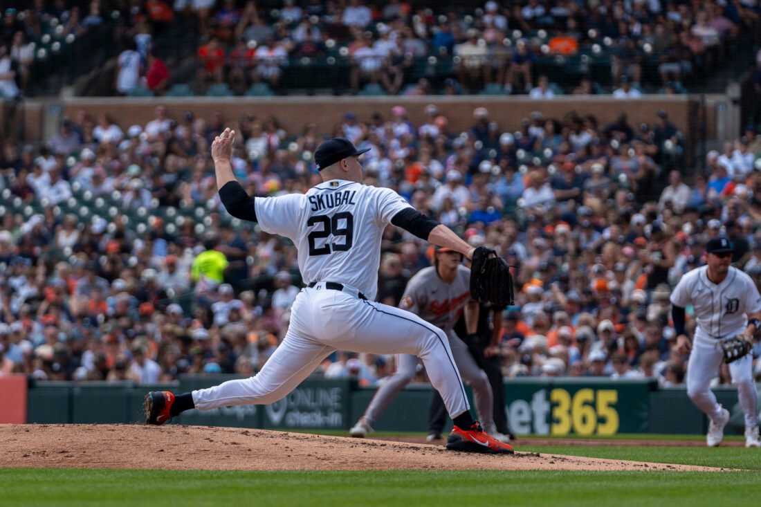 Detroit Tigers starting pitcher Tarik Skubal (29) delivers a pitch against the Baltimore Orioles at Comerica Park in Detroit on Wednesday, July 29, 2026.