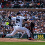 Detroit Tigers starting pitcher Tarik Skubal (29) delivers a pitch against the Baltimore Orioles at Comerica Park in Detroit on Wednesday, July 29, 2026.