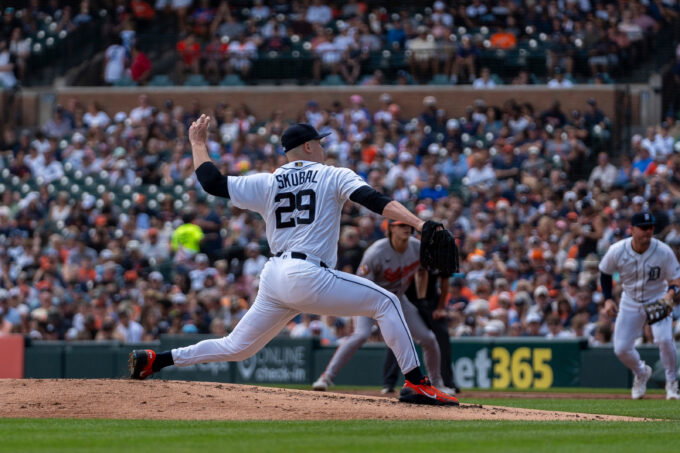 Detroit Tigers starting pitcher Tarik Skubal (29) delivers a pitch against the Baltimore Orioles at Comerica Park in Detroit on Wednesday, July 29, 2026.