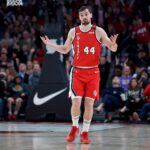 Mar 10, 2020; Portland, OR, USA; Portland Trail Blazers forward Mario Hezonja (44) reacts after making a three point basket against the Phoenix Suns during the fourth quarter at the Moda Center. Mandatory Credit: Craig Mitchelldyer-USA TODAY Sports