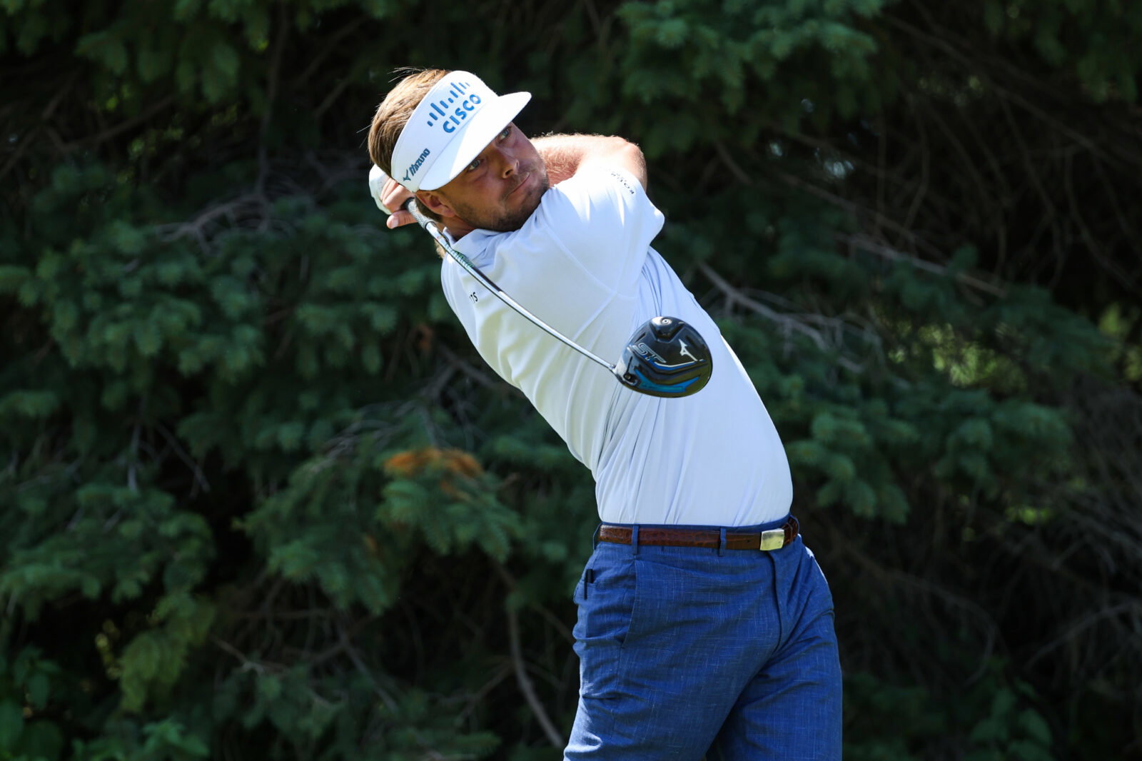 Jul 30, 2023; Blaine, Minnesota, USA; Keith Mitchell hits his tee shot on the second hole during the final round of the 3M Open golf tournament. Mandatory Credit: Matt Krohn-USA TODAY Sports