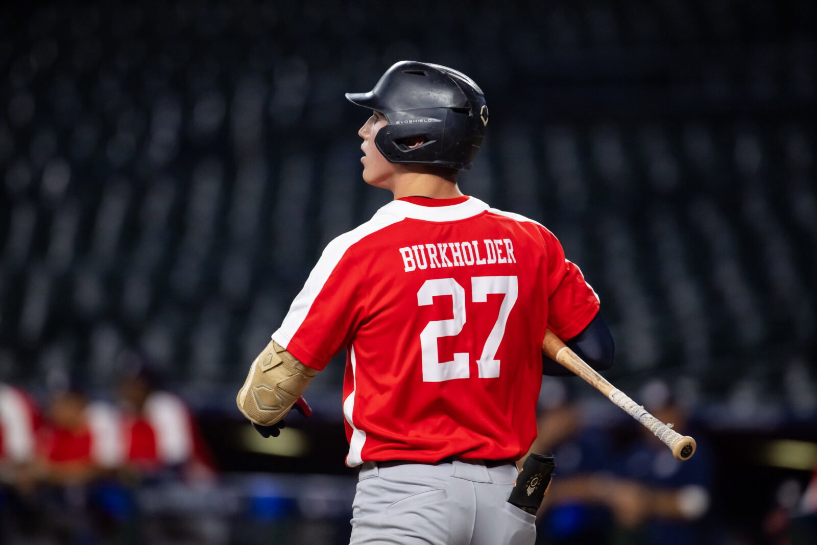 Jun 18, 2024; Phoenix, AZ, USA; Freedom High School outfielder Griffin Burkholder during the MLB Draft Combine at Chase Field. Mandatory Credit: Mark J. Rebilas-USA TODAY Sports