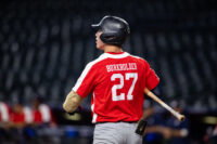 Jun 18, 2024; Phoenix, AZ, USA; Freedom High School outfielder Griffin Burkholder during the MLB Draft Combine at Chase Field. Mandatory Credit: Mark J. Rebilas-USA TODAY Sports