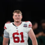 Aug 24, 2024; East Rutherford, New Jersey, USA; New York Giants center John Michael Schmitz Jr. (61) after the game at MetLife Stadium. Mandatory Credit: Vincent Carchietta-USA TODAY Sports