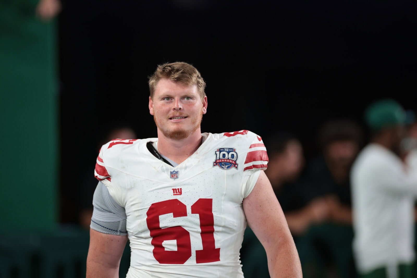 Aug 24, 2024; East Rutherford, New Jersey, USA; New York Giants center John Michael Schmitz Jr. (61) after the game at MetLife Stadium. Mandatory Credit: Vincent Carchietta-USA TODAY Sports