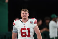 Aug 24, 2024; East Rutherford, New Jersey, USA; New York Giants center John Michael Schmitz Jr. (61) after the game at MetLife Stadium. Mandatory Credit: Vincent Carchietta-USA TODAY Sports