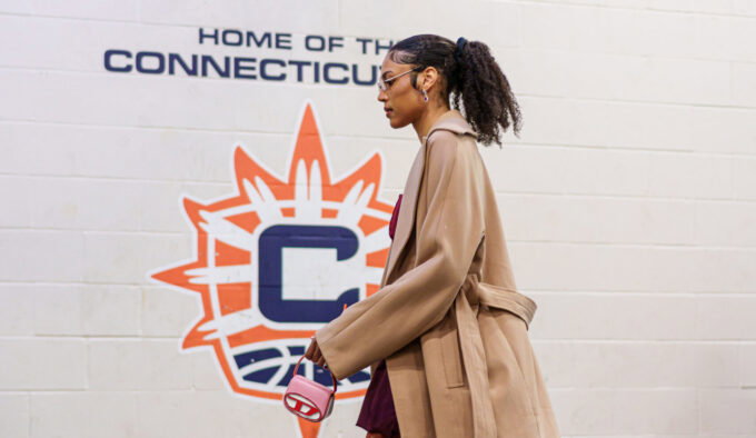Oct 6, 2024; Uncasville, Connecticut, USA; Connecticut Sun forward Olivia Nelson-Ododa (10) arrives before the start of game four of the 2024 WNBA Semi-finals against the Minnesota Lynx at Mohegan Sun Arena. Mandatory Credit: David Butler II-Imagn Images