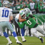 Dec 29, 2024; Philadelphia, Pennsylvania, USA; Philadelphia Eagles defensive end Bryce Huff (0) is blocked by Dallas Cowboys offensive tackle Terence Steele (78) tas he tries to rush the quarterback at Lincoln Financial Field. Mandatory Credit: Eric Hartline-Imagn Images