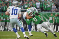 Dec 29, 2024; Philadelphia, Pennsylvania, USA; Philadelphia Eagles defensive end Bryce Huff (0) is blocked by Dallas Cowboys offensive tackle Terence Steele (78) tas he tries to rush the quarterback at Lincoln Financial Field. Mandatory Credit: Eric Hartline-Imagn Images