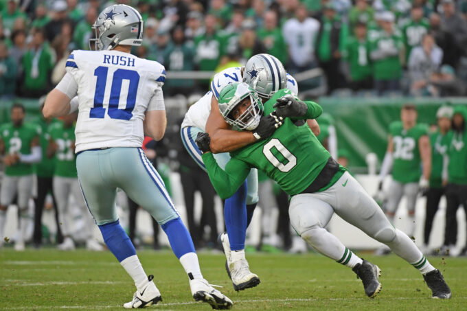 Dec 29, 2024; Philadelphia, Pennsylvania, USA; Philadelphia Eagles defensive end Bryce Huff (0) is blocked by Dallas Cowboys offensive tackle Terence Steele (78) tas he tries to rush the quarterback at Lincoln Financial Field. Mandatory Credit: Eric Hartline-Imagn Images