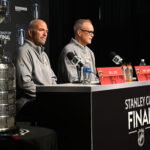 Jun 3, 2025; Edmonton, Alberta, CAN; Florida Panthers general manager Bill Zito and Panthers head coach Paul Maurice are seen taking questions during media day in advance of the 2025 Stanley Cup Final at Rogers Place. Mandatory Credit: Walter Tychnowicz-Imagn Images