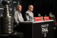 Jun 3, 2025; Edmonton, Alberta, CAN; Florida Panthers general manager Bill Zito and Panthers head coach Paul Maurice are seen taking questions during media day in advance of the 2025 Stanley Cup Final at Rogers Place. Mandatory Credit: Walter Tychnowicz-Imagn Images