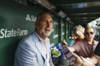 Jul 4, 2025; Chicago, Illinois, USA; St. Louis Cardinals president of baseball operations John Mozeliak speaks before a baseball game against the Chicago Cubs at Wrigley Field. Mandatory Credit: Kamil Krzaczynski-Imagn Images