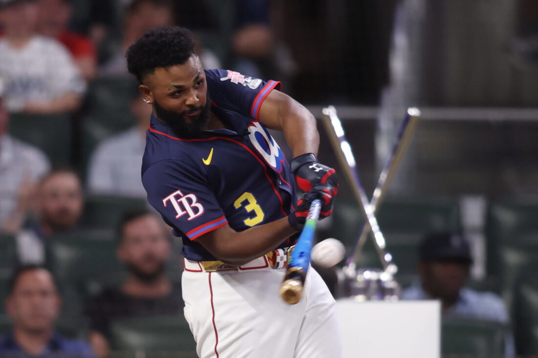 Jul 14, 2025; Atlanta, GA, USA; Tampa Bay Rays infielder Junior Caminero (13) during the 2025 Home Run Derby at Truist Park. Mandatory Credit: Brett Davis-Imagn Images
