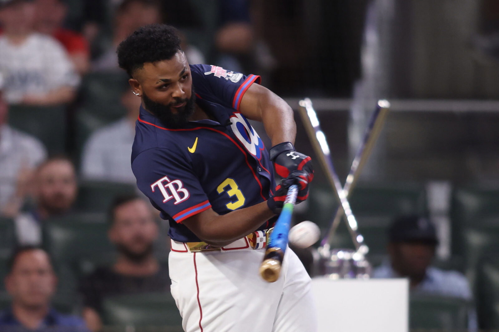 Jul 14, 2025; Atlanta, GA, USA; Tampa Bay Rays infielder Junior Caminero (13) during the 2025 Home Run Derby at Truist Park. Mandatory Credit: Brett Davis-Imagn Images