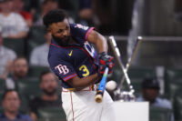 Jul 14, 2025; Atlanta, GA, USA; Tampa Bay Rays infielder Junior Caminero (13) during the 2025 Home Run Derby at Truist Park. Mandatory Credit: Brett Davis-Imagn Images