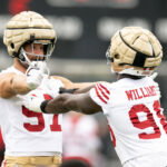 Jul 24, 2025; Santa Clara, CA, USA; San Francisco 49ers defensive ends Nick Bosa (97) and Mykel Williams (98) work on their pass rushing skills during the second day of training camp. Mandatory Credit: D. Ross Cameron-Imagn Images