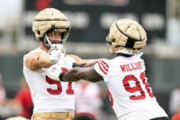 Jul 24, 2025; Santa Clara, CA, USA; San Francisco 49ers defensive ends Nick Bosa (97) and Mykel Williams (98) work on their pass rushing skills during the second day of training camp. Mandatory Credit: D. Ross Cameron-Imagn Images