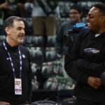 Oct 22, 2025; Boston, Massachusetts, USA; Boston Celtics owner Bill Chisholm, left, talks with CelticsÕ legend Paul Pierce before the game between the Boston Celtics and the Philadelphia 76ers at TD Garden. Mandatory Credit: